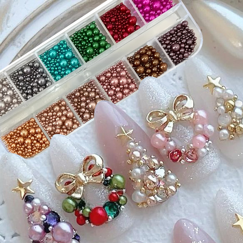 Nail Art Valentines Day - 12 colors Mix Size Nail Pearls