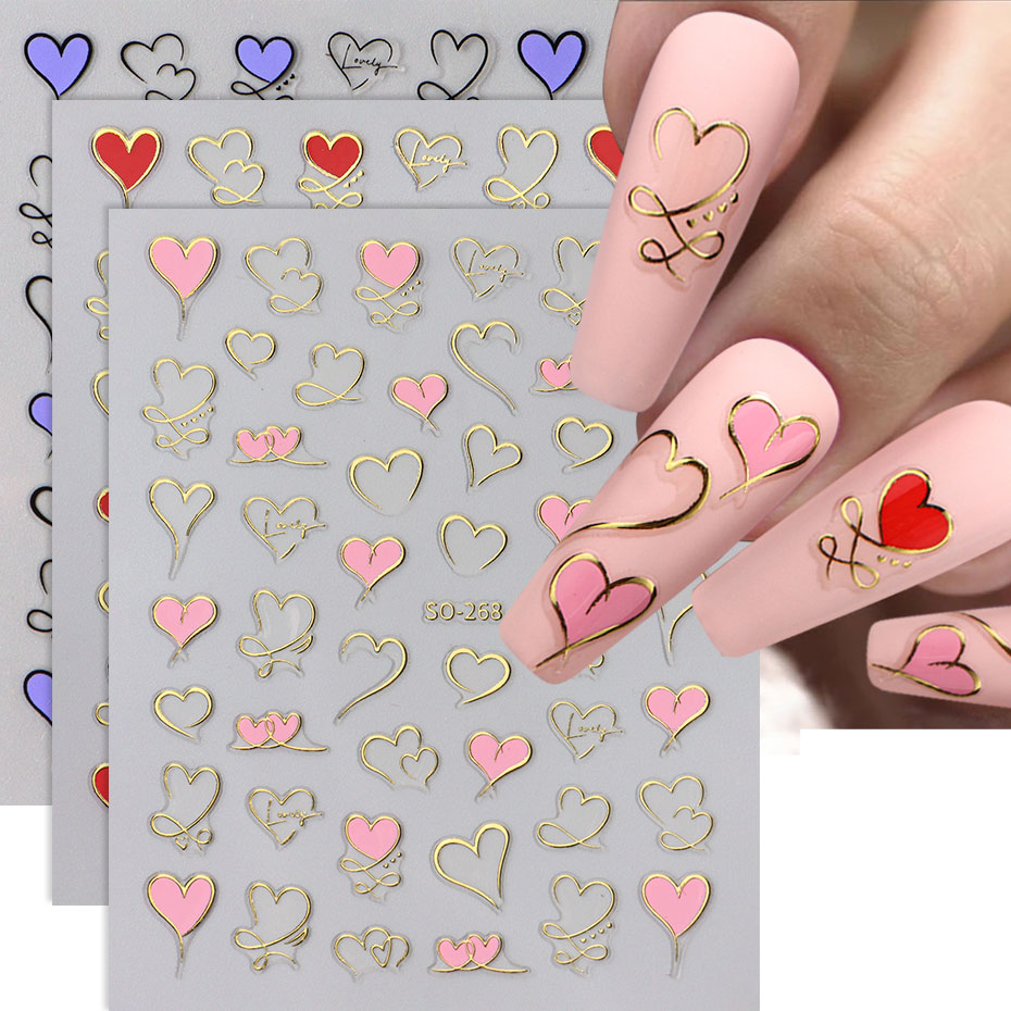 3pcs Y2K Gold Wave Line Heart  - đánh giá và giá Nail Art Valentines Day