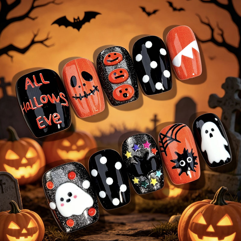10Pcs Halloween Ghost Pumpkin  - đánh giá và giá Nail Art Press On